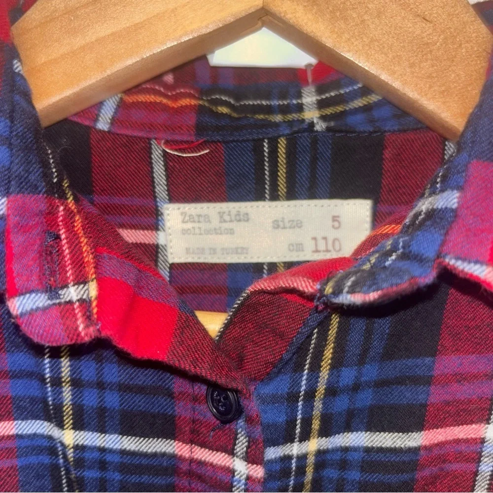 ZARA kids red navy plaid shirt dress, girls size 5 Long Sleeve Dress